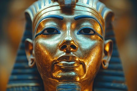 Golden mask of Tutankhamun on display, a masterpiece of ancient Egyptian artの素材