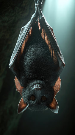 Bat hanging upside down from the ceiling of a caveの素材