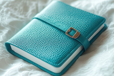 Green leather notebook with a silver buckle closure is laying on a white backgroundの素材