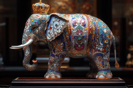 Majestic jeweled elephant statue with a crown, adorned with intricate floral patterns, stands proudly on a wooden pedestalの素材