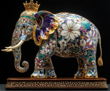Majestic jeweled elephant statue with a crown, adorned with intricate floral patterns, stands proudly on a wooden pedestalの素材