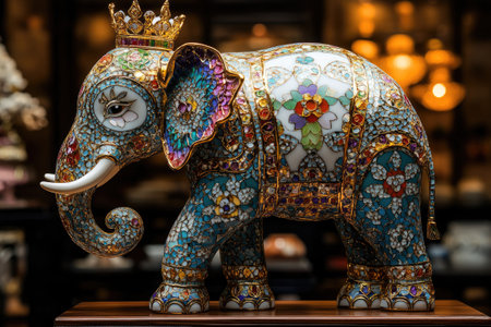 Majestic jeweled elephant statue with a crown, adorned with intricate floral patterns, stands proudly on a wooden pedestalの素材