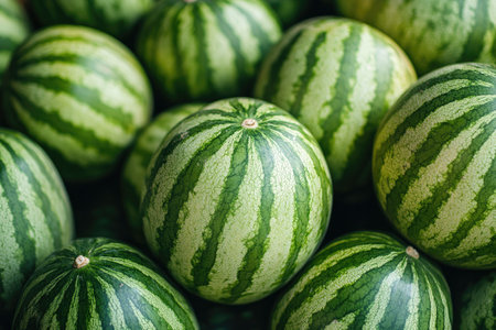 Watermelons forming a background of fresh green striped watermelon fruitsの素材