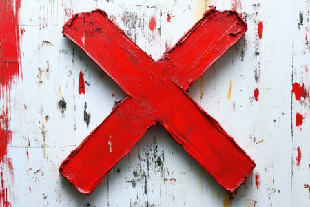 Red paint forming a cross shape on a white canvas background, creating a powerful abstract imageの素材