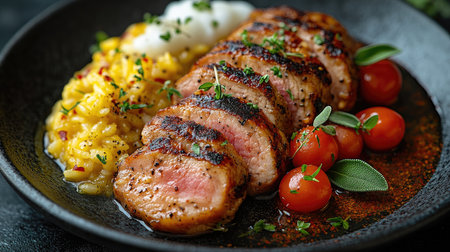 Seared pork tenderloin seasoned with herbs and spices served on saffron risotto with roasted pumpkin and yogurt sauceの素材