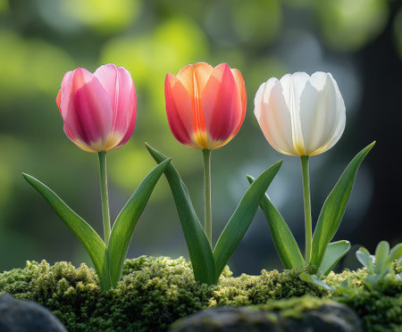 Three colorful tulips are growing in a garden bed with green mossの素材