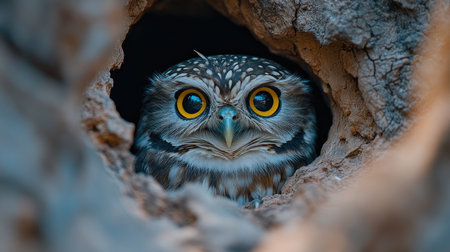 Curious little owl peeks out from its nest in the hollow of a tree trunkの素材