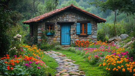 Charming stone cottage with a blue door is nestled in a lush garden bursting with colorful flowersの素材