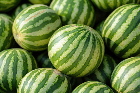 Watermelons forming a background of fresh green striped watermelon fruitsの素材