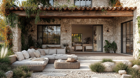 Modern patio with a pergola providing shade over a comfortable outdoor living spaceの素材