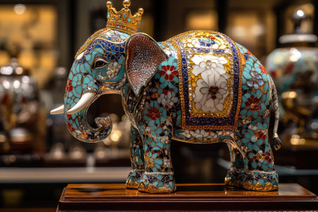 Majestic jeweled elephant statue with a crown, adorned with intricate floral patterns, stands proudly on a wooden pedestalの素材
