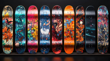 Collection of skateboards is lined up, showcasing unique and artistic designs with a modern and vibrant color paletteの素材