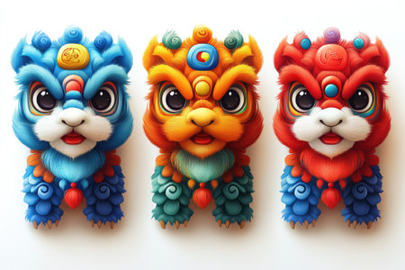 Three colorful chinese lion costumes are posing together on a white backgroundの素材