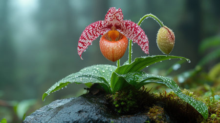 Red and white spotted paphiopedilum orchid blooming in its natural rainforest habitatの素材