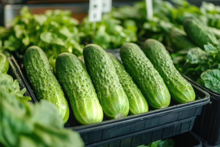 Cucumbers are growing in a greenhouse, hanging from a vineの素材
