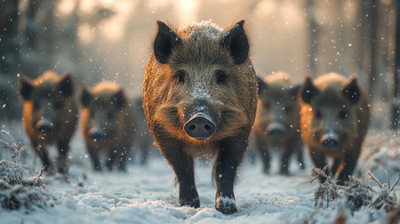 Wild boars are walking towards the observer through a snowy forest during winterの素材