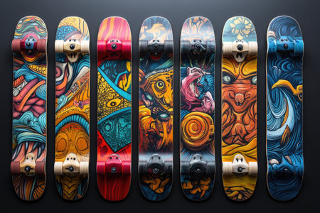 Collection of skateboards is lined up, showcasing unique and artistic designs with a modern and vibrant color paletteの素材