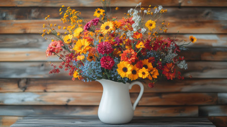 Bright bouquet of orange and yellow flowers sitting on a wooden table, bringing the autumn colors insideの素材
