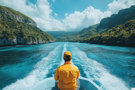 Tourist wearing a straw hat is enjoying an idyllic boat trip in a beautiful lagoon in Raja Ampat, Indonesiaの素材