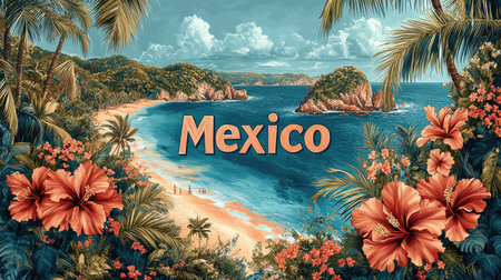 Illustration of the word Mexico over a beautiful tropical beach with hibiscus flowers and palm trees framing the sceneの素材