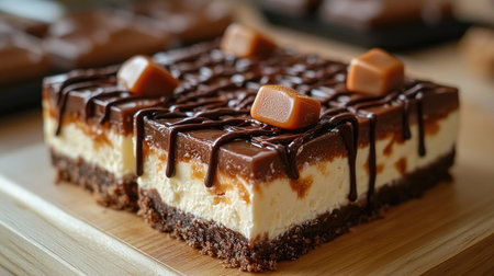 Creamy layered no-bake caramel cheesecake topped with chocolate and nuts being drizzled with chocolate sauceの素材