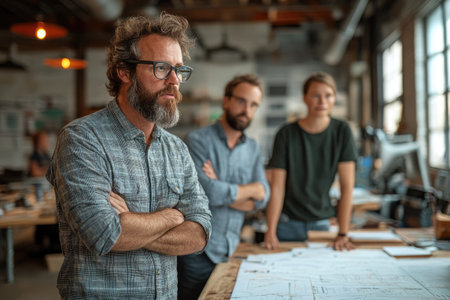Construction manager is explaining a building project on a digital tablet to other construction workersの素材