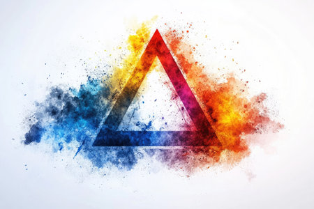 Abstract triangle glowing with fire and ice effect standing on white backgroundの素材