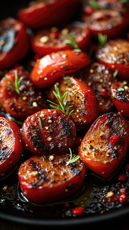 Delicious roasted red bell pepper slices garnished with fresh herbs are served in a cast iron panの素材