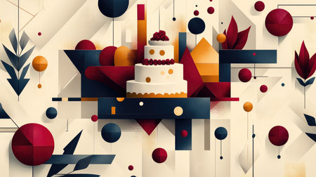 Abstract illustration featuring a three-tiered wedding cake at the center of a minimalist geometric pattern with flowersの素材