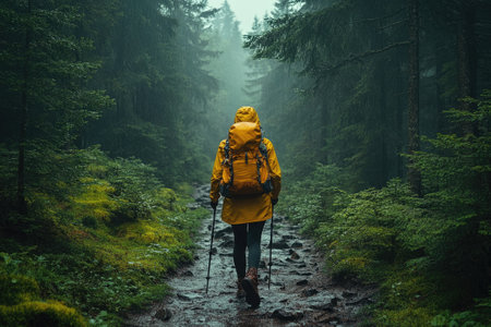 Hiker wearing a yellow backpack is hiking on a trail in a moody green forestの素材