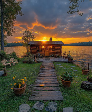Log cabin sits by a lake with a dramatic sunset reflecting in the waterの素材
