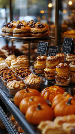 Mouthwatering golden brown cakes are sitting in a bakery window display caseの素材