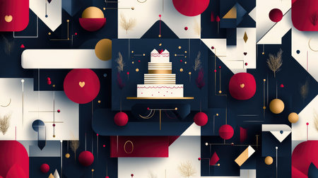 Abstract illustration featuring a three-tiered wedding cake at the center of a minimalist geometric pattern with flowersの素材