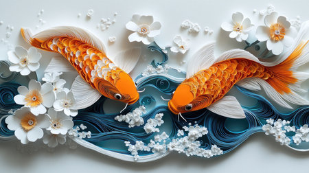 Two orange and white paper koi fish swimming in blue paper waves and white paper flowersの素材