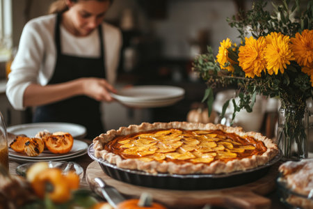 Delicious golden brown peach pie cooling on kitchen counter with a female baker standing in the backgroundの素材