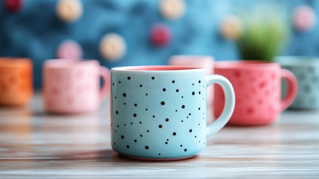 Variety of handmade ceramic mugs are lined up on a rustic wooden shelf, showcasing their unique designs and craftsmanshipの素材