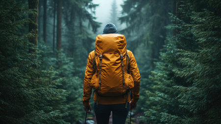 Hiker wearing a yellow backpack is hiking on a trail in a moody green forestの素材