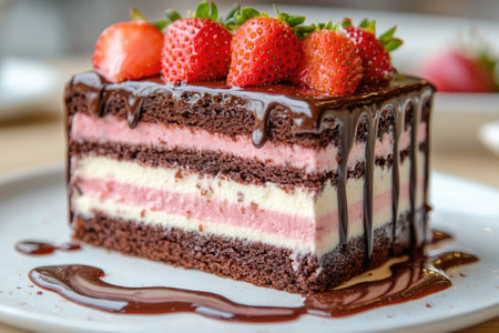 Indulge in a slice of decadent chocolate cake featuring layers of moist chocolate sponge and luscious strawberry cream, topped with fresh strawberriesの素材
