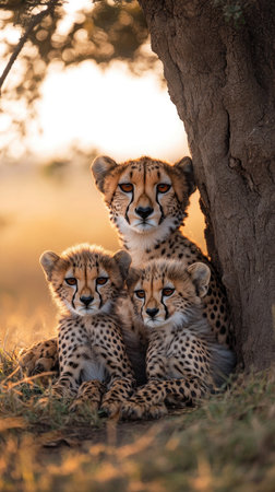 Cheetah family resting in the shade of a tree on the savannaの素材