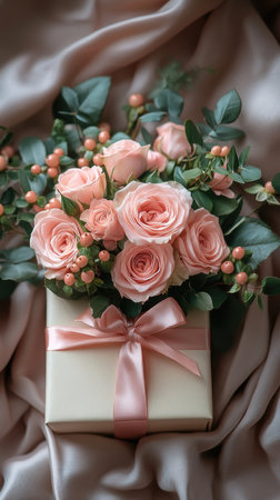 Beautifully wrapped gift box adorned with pink roses and eucalyptus, conveying love and appreciationの素材