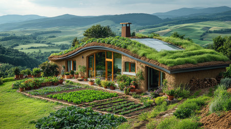 Beautiful modern earthen house with green roof seamlessly blending with the surrounding nature and lush vegetationの素材