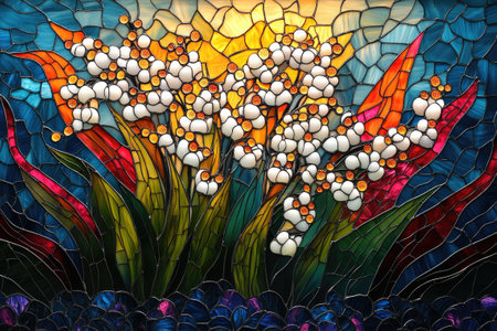 Beautiful stained glass window depicting white flowers with orange centers and green leaves, with a colorful sunset in the backgroundの素材