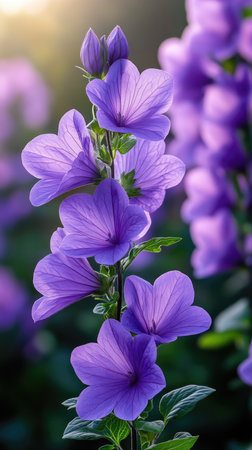 Purple balloon flowers with delicate petals are blooming in a garden, their vibrant color adding a touch of beauty to the surroundingsの素材