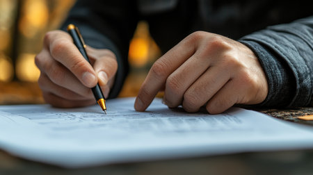 Construction engineer is analyzing blueprint plans and making notes with a penの素材