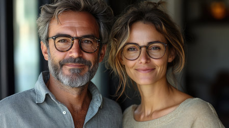 Stylish couple is posing together against a dark backgroundの素材