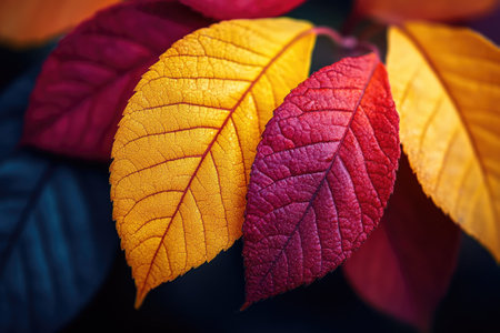 Single orange leaf with dew drops on it is holding on to a branch with a blurred backgroundの素材