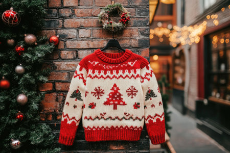 Baby Christmas sweater with a festive design is displayed on a wooden table with Christmas lights twinkling in the backgroundの素材