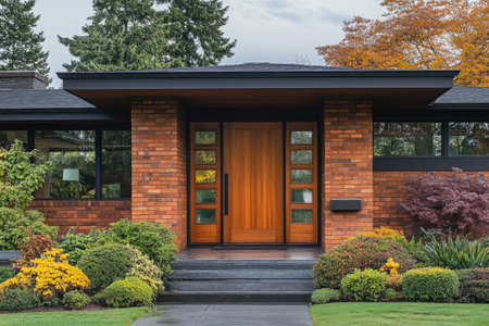 Luxurious mid-century modern home is glowing at dusk, its warm lights inviting after a long dayの素材