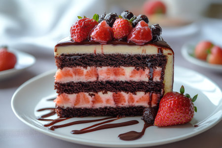 Indulge in a slice of decadent chocolate cake featuring layers of moist chocolate sponge and luscious strawberry cream, topped with fresh strawberriesの素材