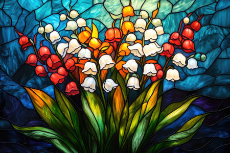 Beautiful stained glass window depicting white flowers with orange centers and green leaves, with a colorful sunset in the backgroundの素材